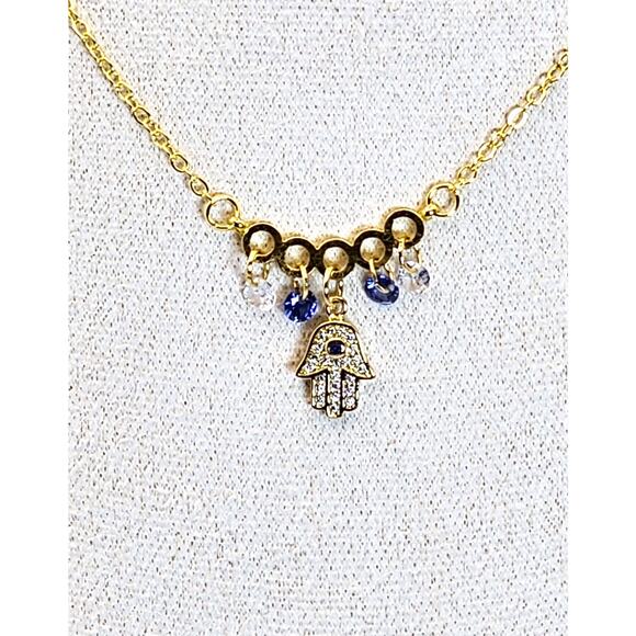 Dainty CZ Hamsa Necklace Pendant Crystals Unique Gold-Plated Adjustable Chain - Picture 3 of 6